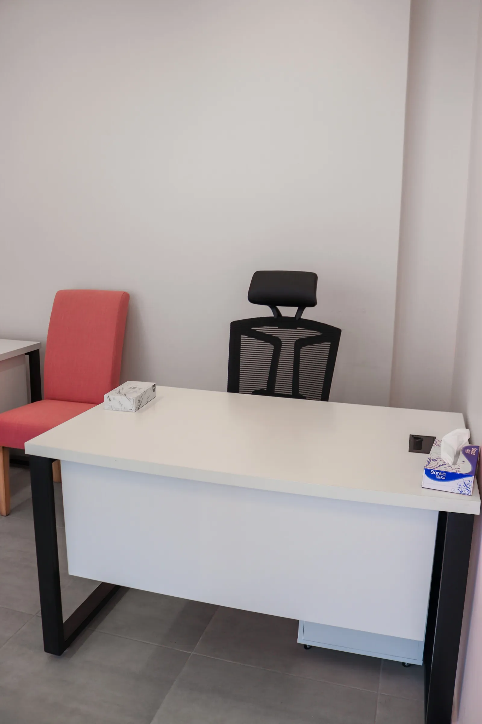Office 67 · desk and high-back mesh chair with a pink upholstered chair alongside