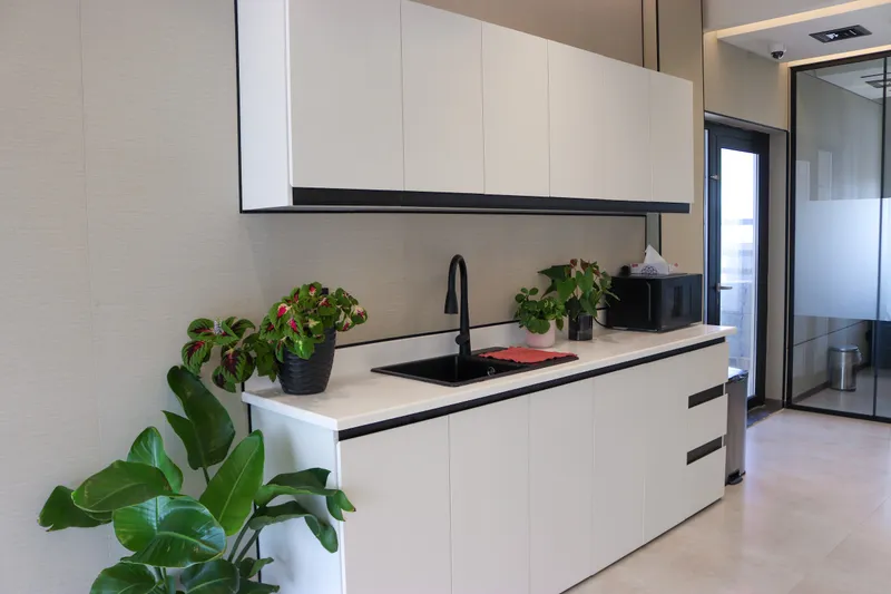 13th floor · pantry with white cabinets, black sink, microwave and potted plants