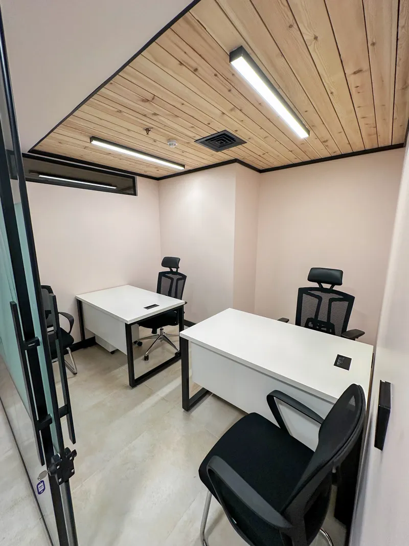 Office 18 · two desks with ergonomic and visitor chairs under a pine-slat ceiling
