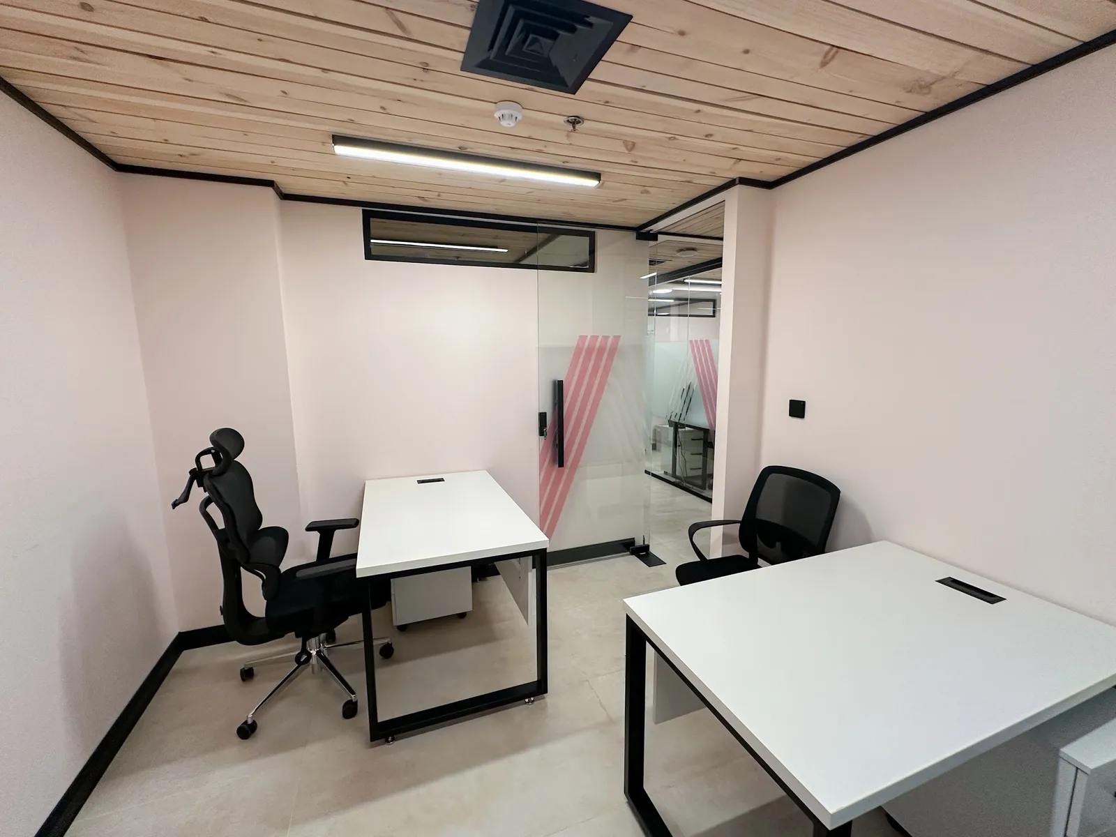 Office 19 · two desks, an ergonomic chair and a visitor chair beside a glass door with pink stripes