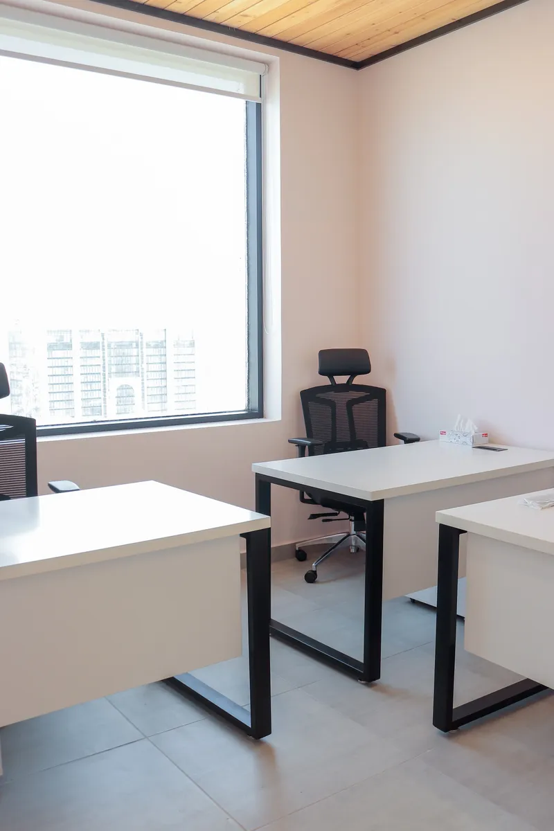Office 65 · desks under a timber ceiling beside a large window with roller blind