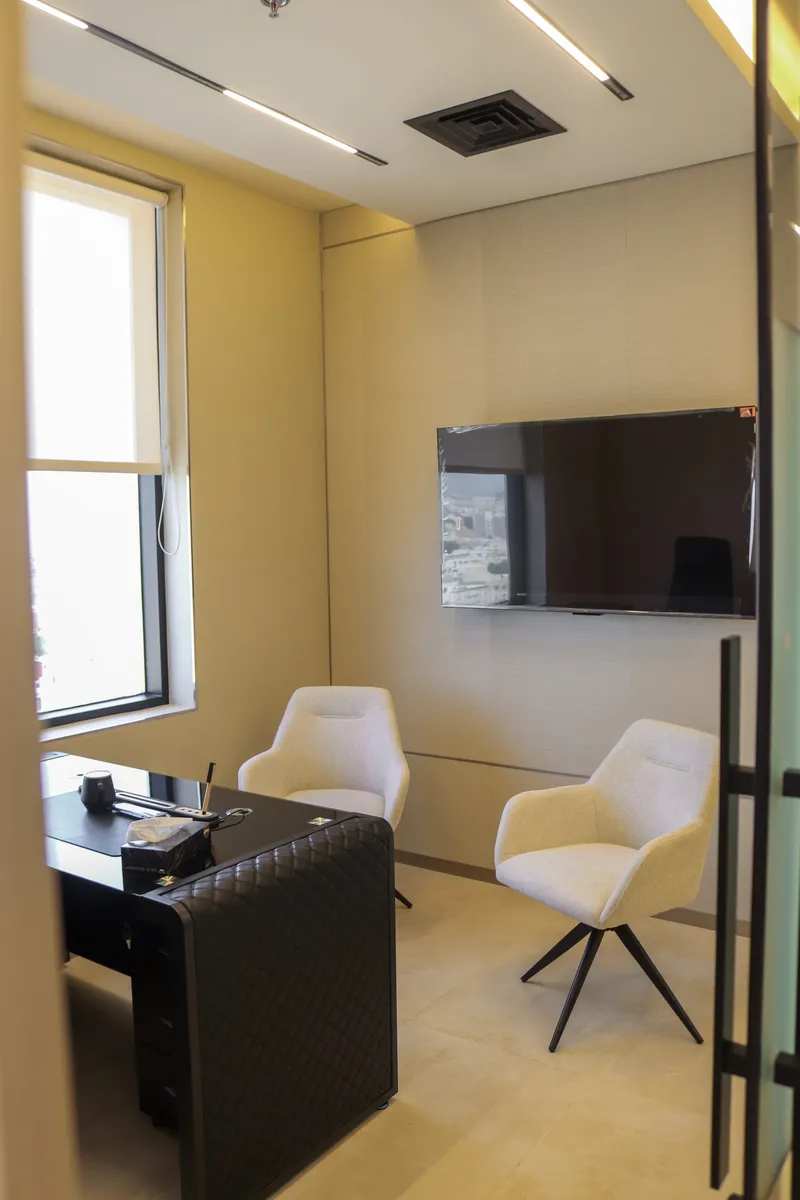 Office 56 · guest armchairs, wall-mounted TV and desk beside the window
