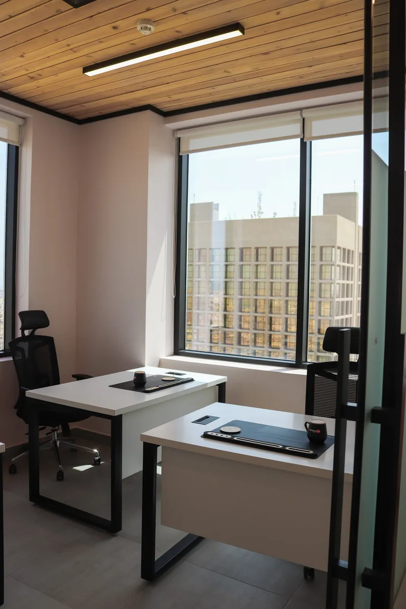 Office 64 · two white desks and mesh chairs under a timber-slat ceiling, with windows on two walls