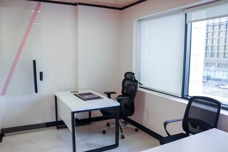 Office 33 · desk and mesh chair by the window, pink-striped glass door on the left