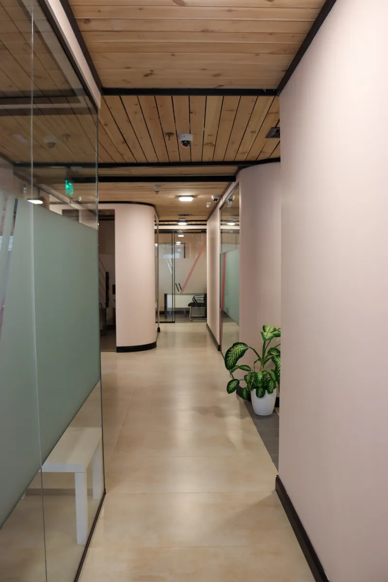 2nd floor · corridor with a curved pink wall, a wooden ceiling and a potted plant
