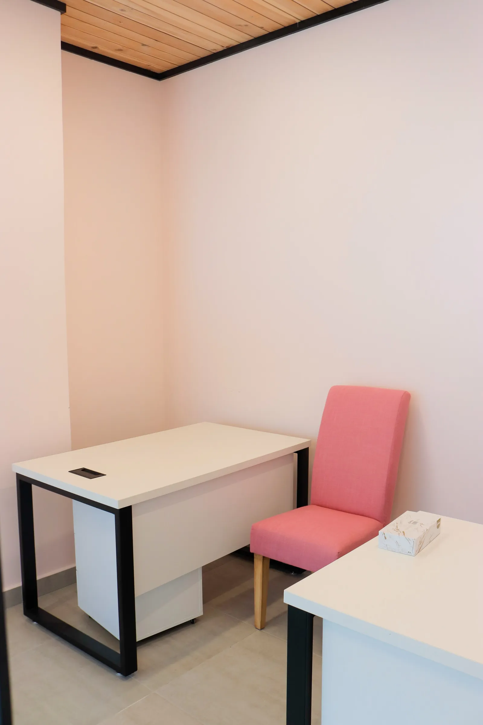 Office 67 · second desk with mobile pedestal and a pink upholstered chair