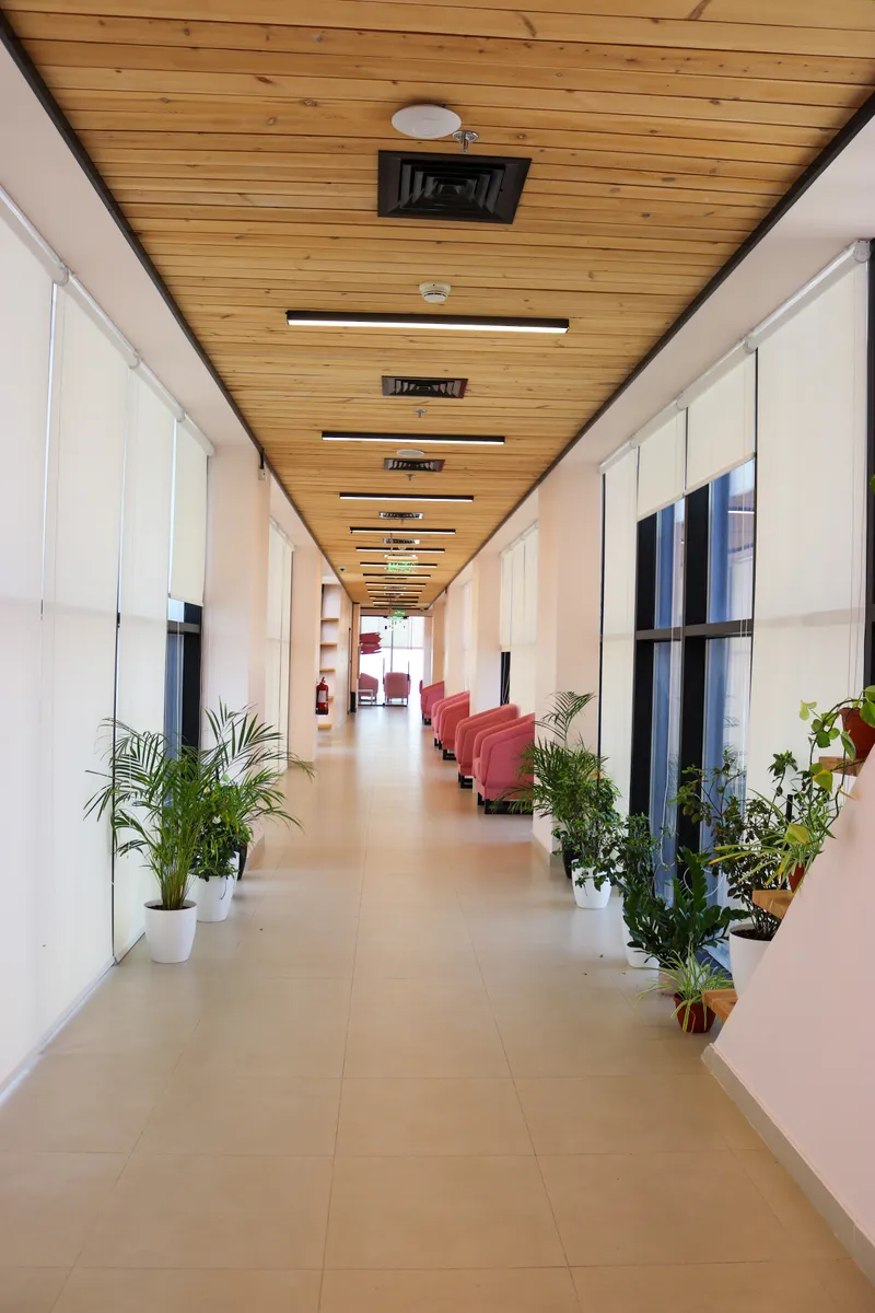 14th floor · long corridor with a timber ceiling, potted plants and pink armchairs along the windows