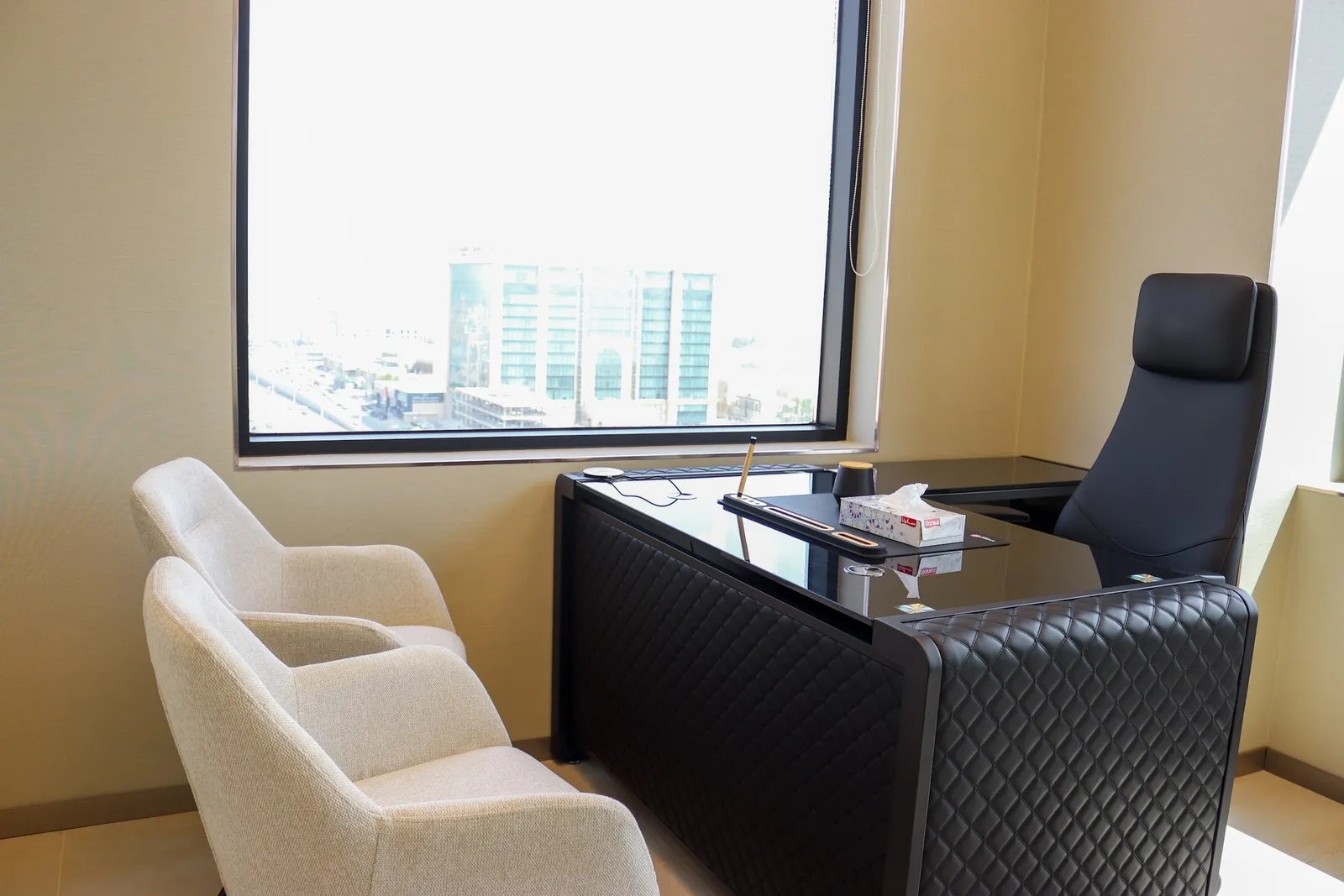 Office 53 · desk, executive chair and two guest armchairs by the window
