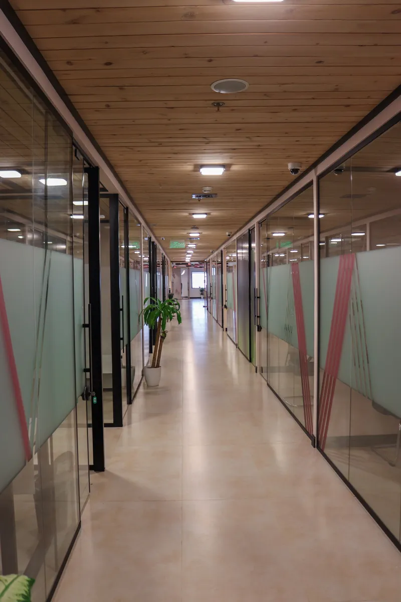 2nd floor · long corridor between glass-walled offices with pink-striped frosting, a timber ceiling and a plant