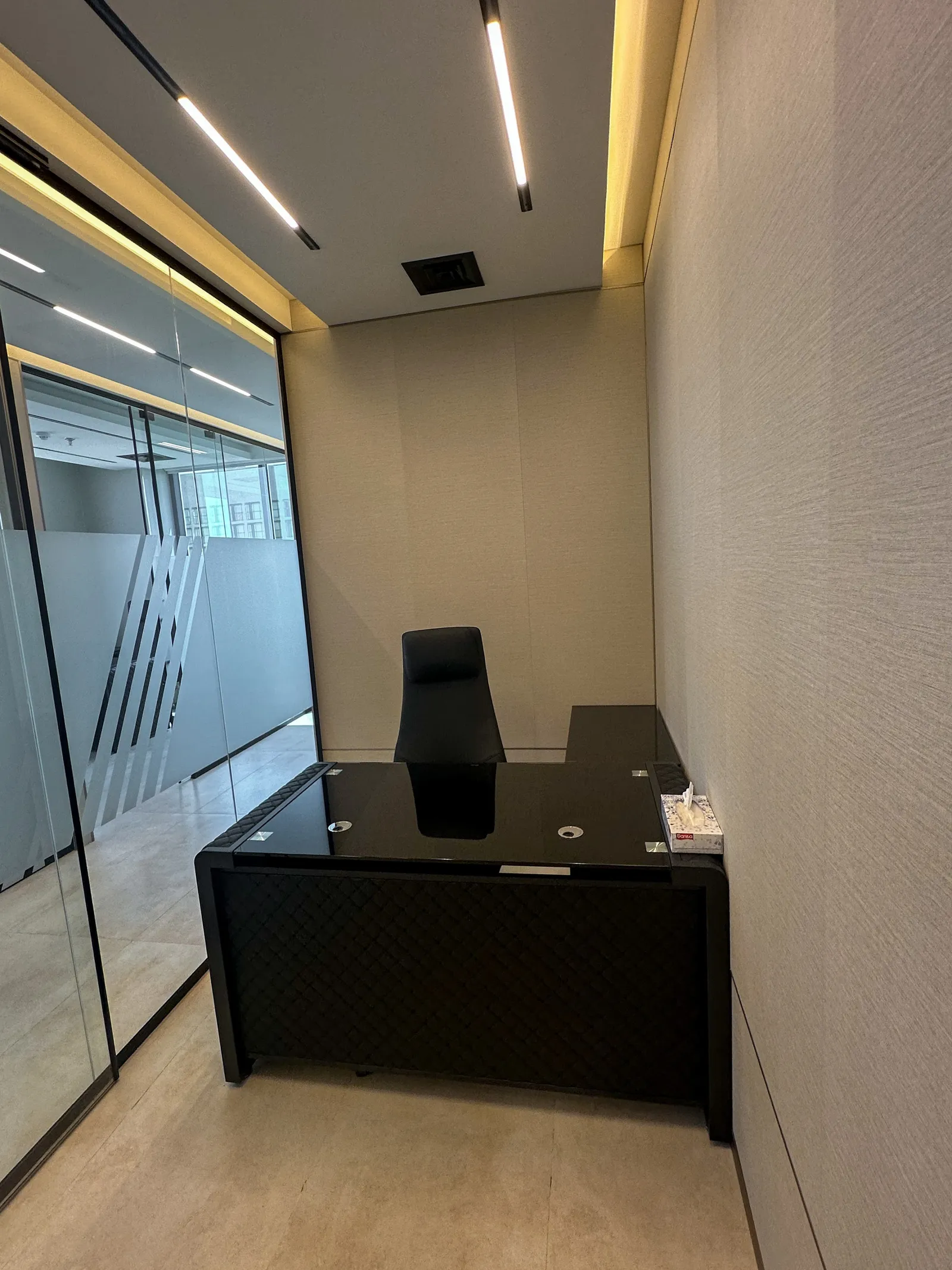 Office 59 · desk and high-back chair beside a glass front with frosted band